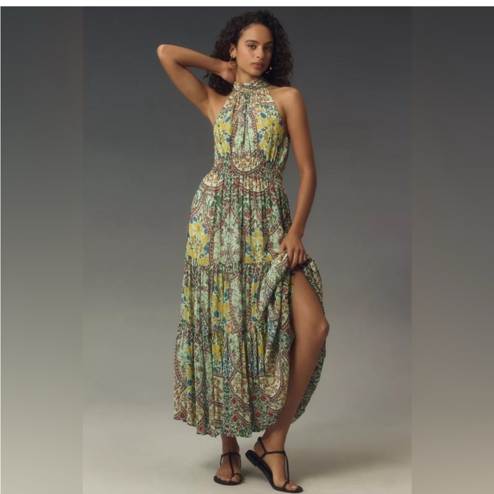 Anthropologie Floral Halter Maxi Dress in Green and Yellow